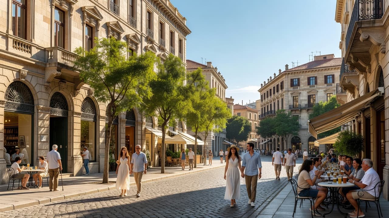 A lively summer city street with historic buildings and outdoor cafes.