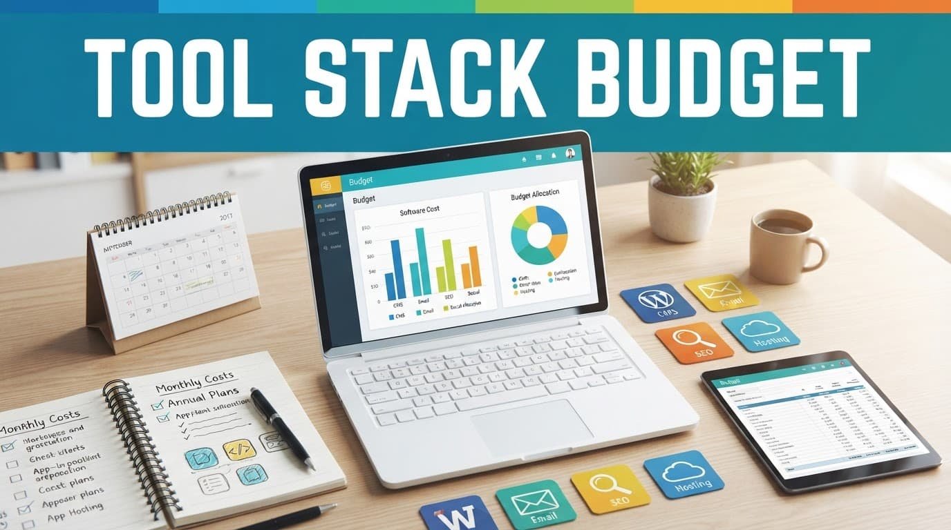 A colorful workspace displaying budget planning charts and software selection tools.