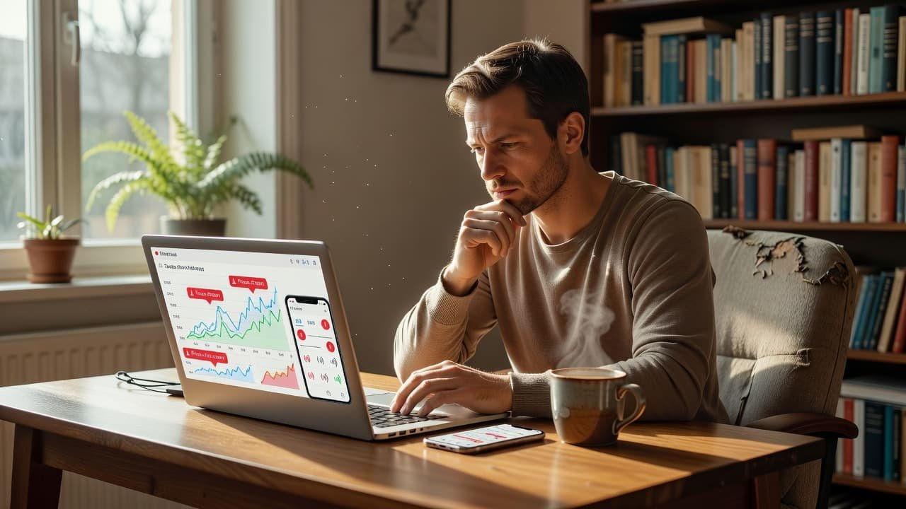 A focused individual sits at a minimalist wooden desk, reviewing flight data on a sleek laptop screen. A steaming ceramic mug rests nearby, bathed in the soft glow of golden hour sunlight.