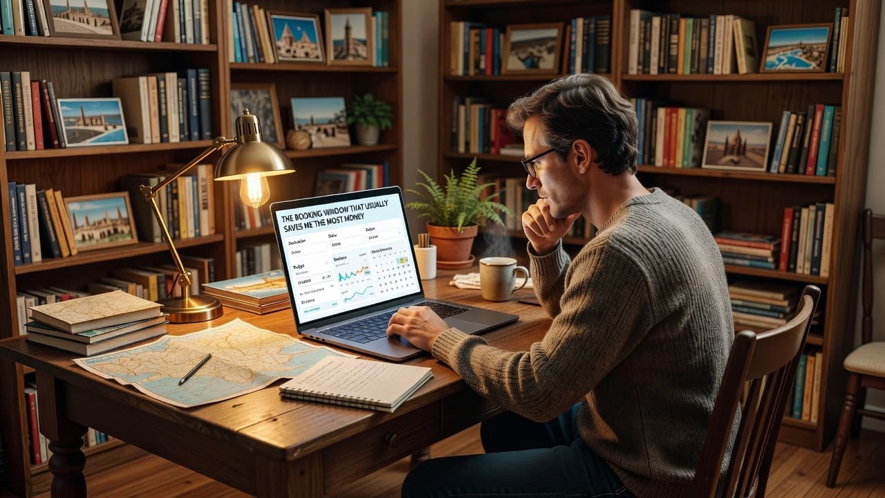 A traveler at a desk researching flight options on a laptop.