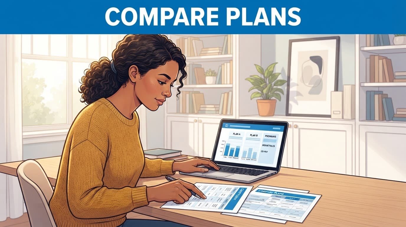 A worker compares insurance papers beside a laptop at a home office desk.