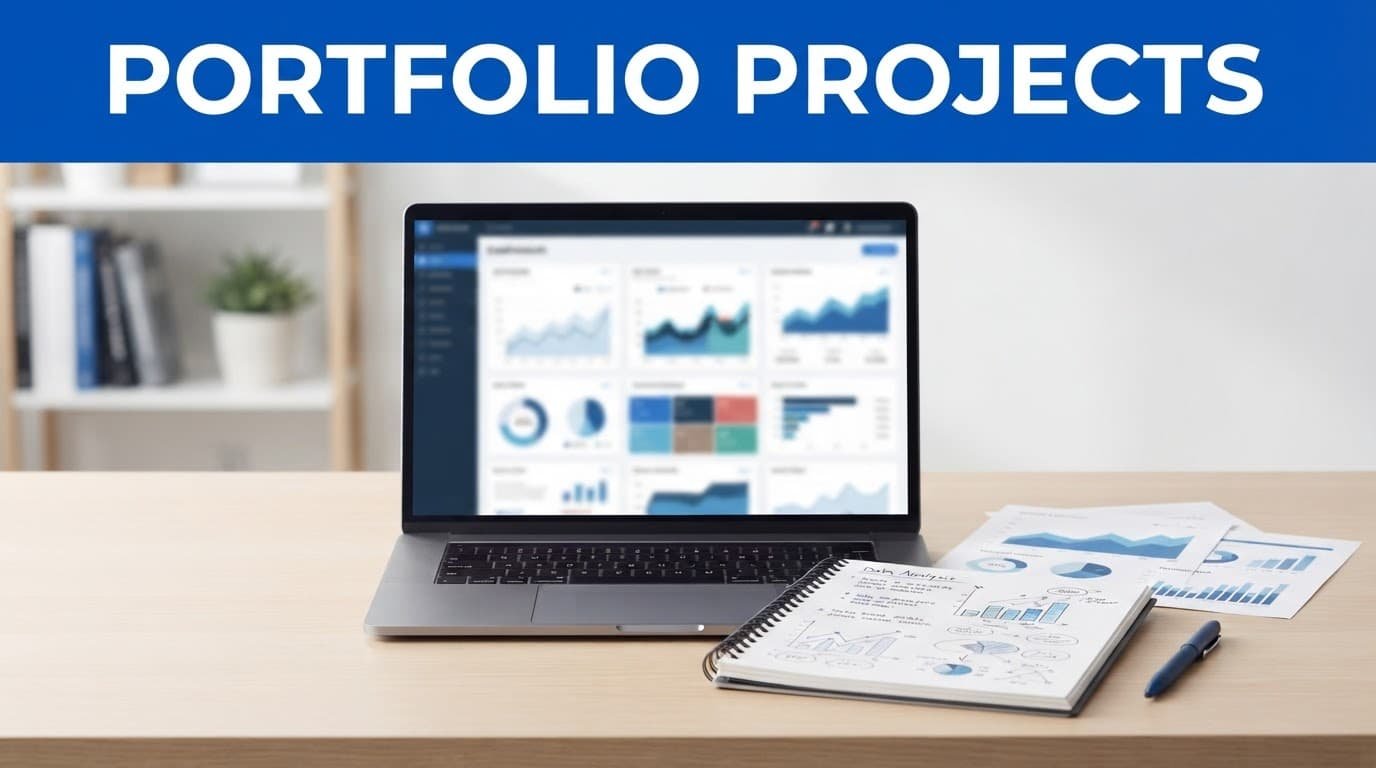 Laptop with a blurred dashboard, notebook, and charts in a clean home office.