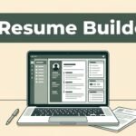 Laptop showing a resume editor beside a pen and stacked documents.