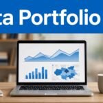 Laptop displaying data charts beside a notebook, coffee mug, and succulent.