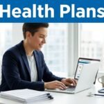 Entrepreneur reviewing health insurance options on a laptop at a home office desk.