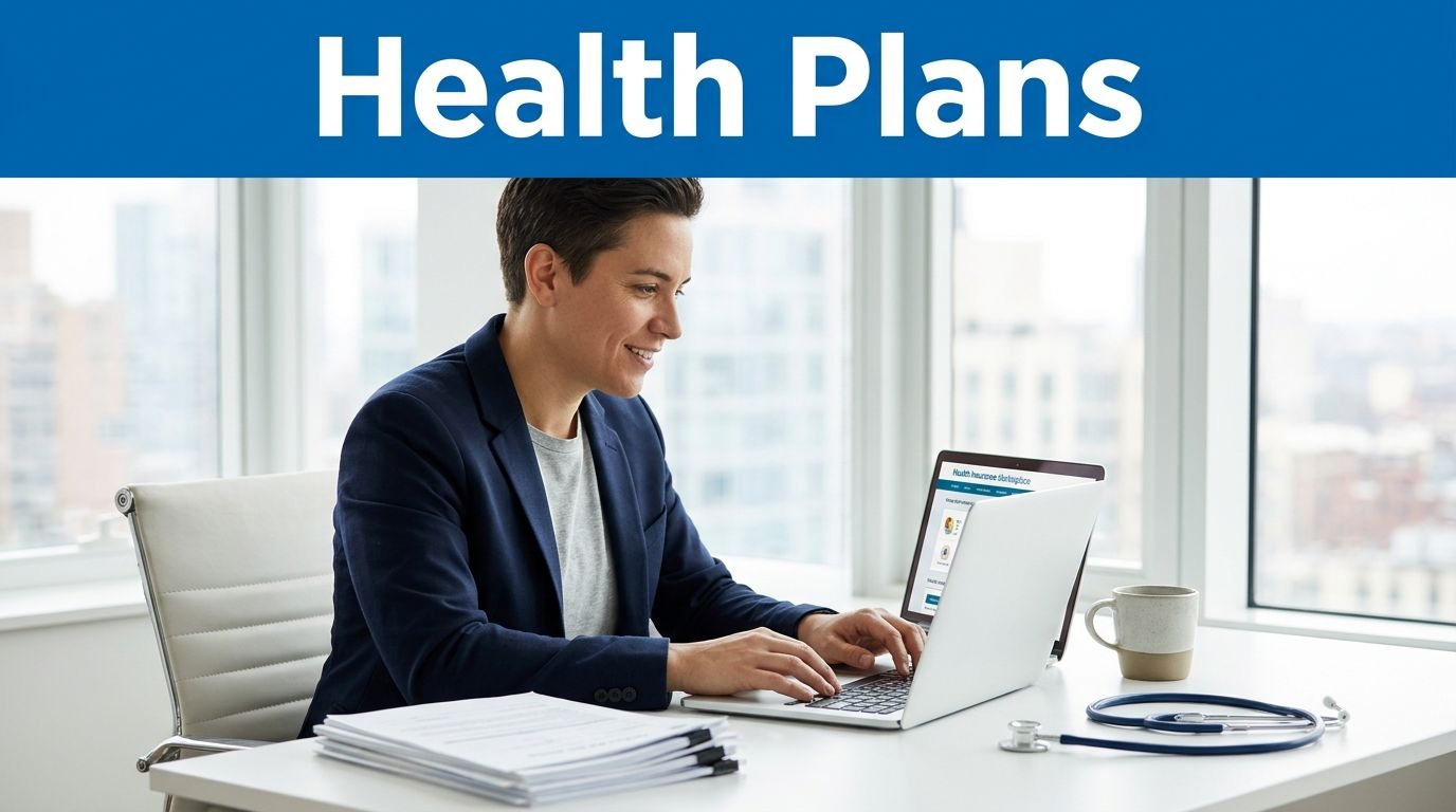 Entrepreneur reviewing health insurance options on a laptop at a home office desk.