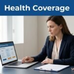 A woman reviews health insurance plans on a laptop beside a clipboard and US flag pin.