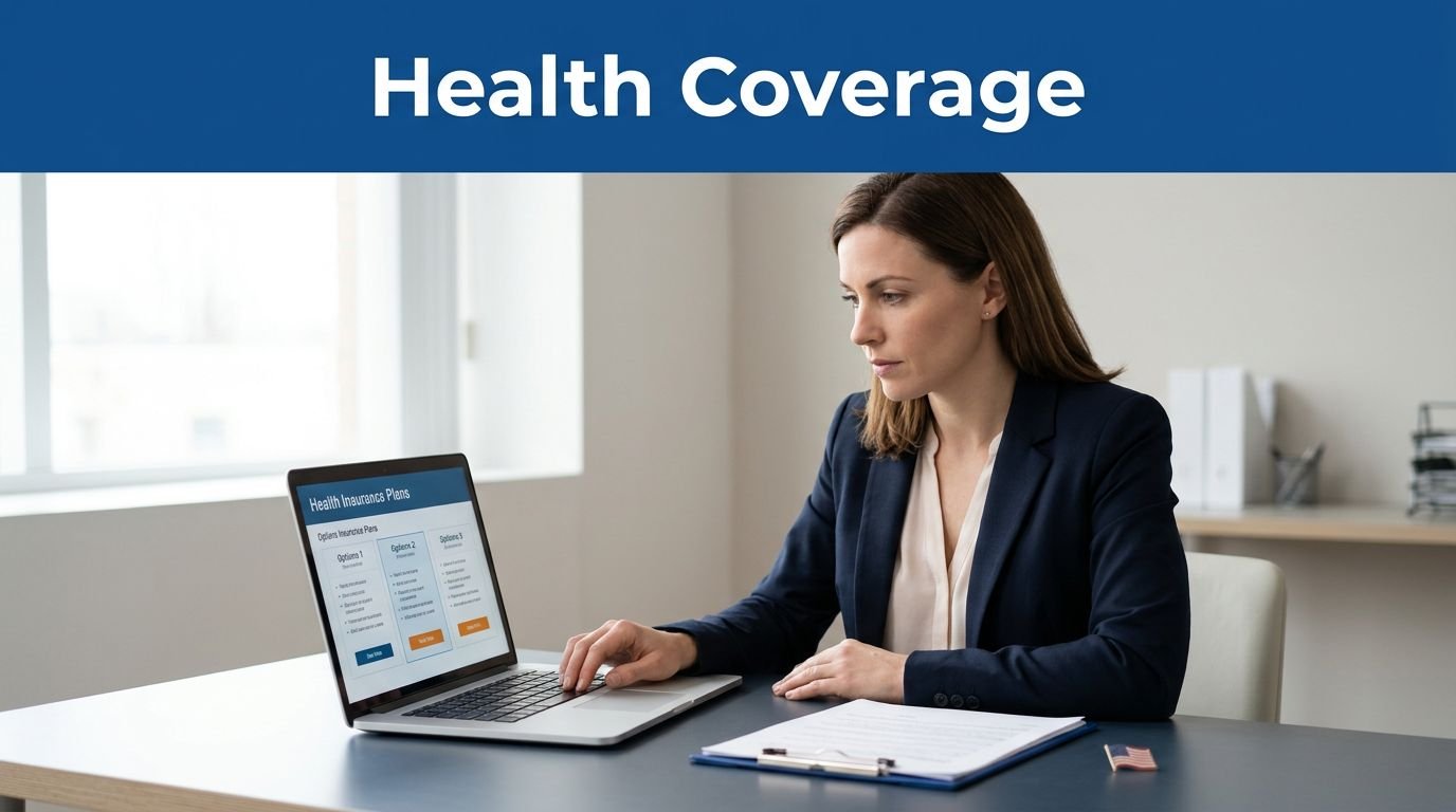 A woman reviews health insurance plans on a laptop beside a clipboard and US flag pin.