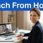 Smiling online tutor at a desk beside a laptop and headset.