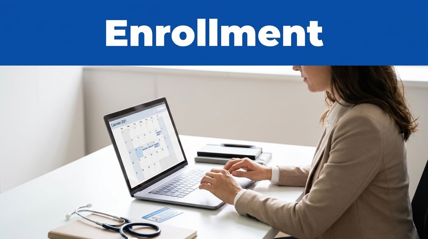 A woman checks enrollment dates on a laptop beside an insurance card and stethoscope.