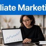 Woman working at a desk with an affiliate marketing dashboard, notebook, mug, and smartphone.