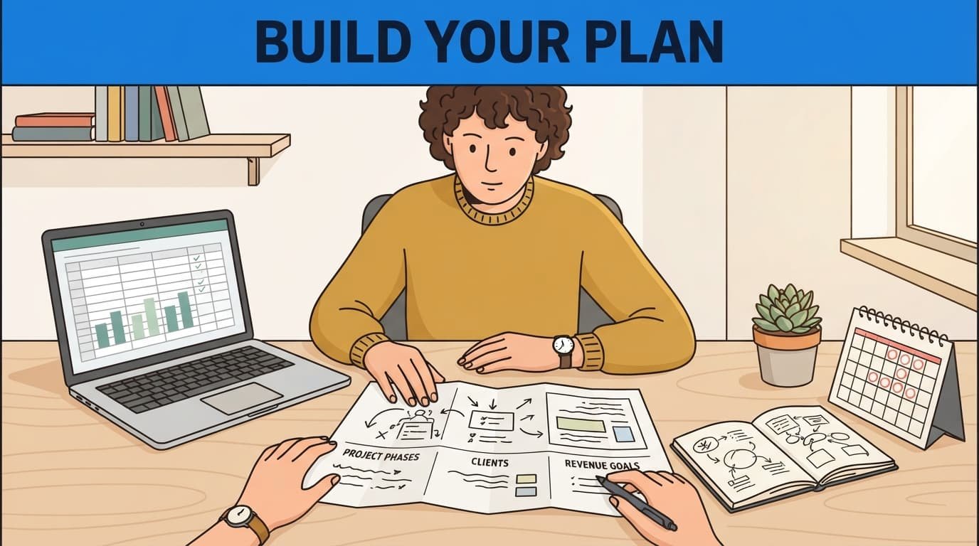 A freelancer reviews income plans beside a laptop in a tidy workspace.