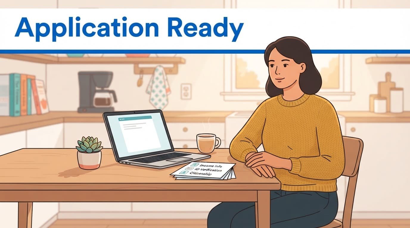 An applicant organizes health insurance papers beside a laptop at a kitchen table.