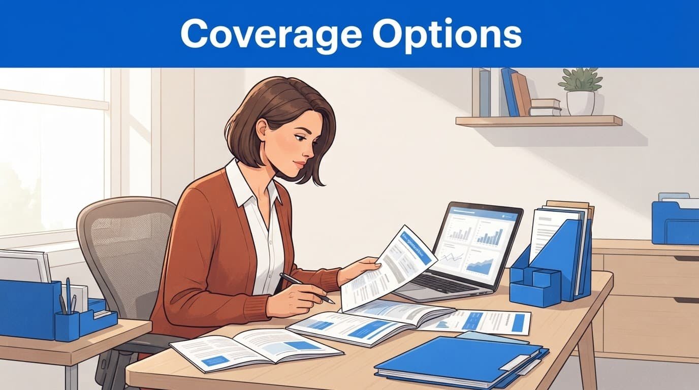 A person compares health plan papers beside a laptop under a blue headline band.