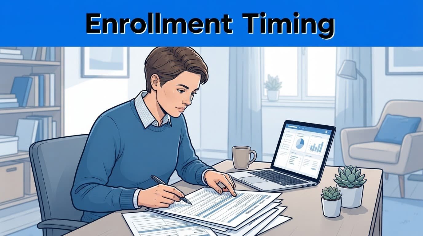 A self-employed adult reviews insurance papers beside a laptop under a blue Enrollment Timing banner.