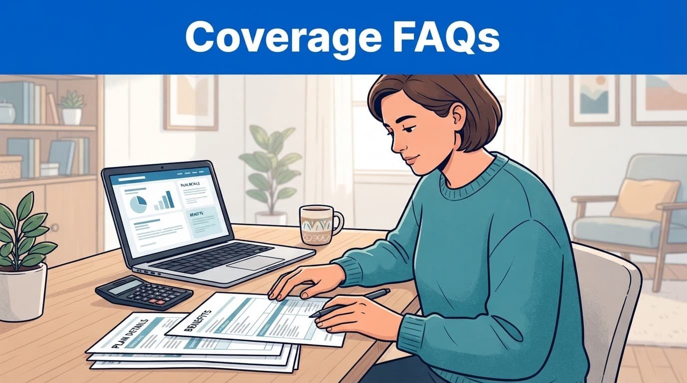 An adult reviews health insurance papers beside a laptop and calculator.