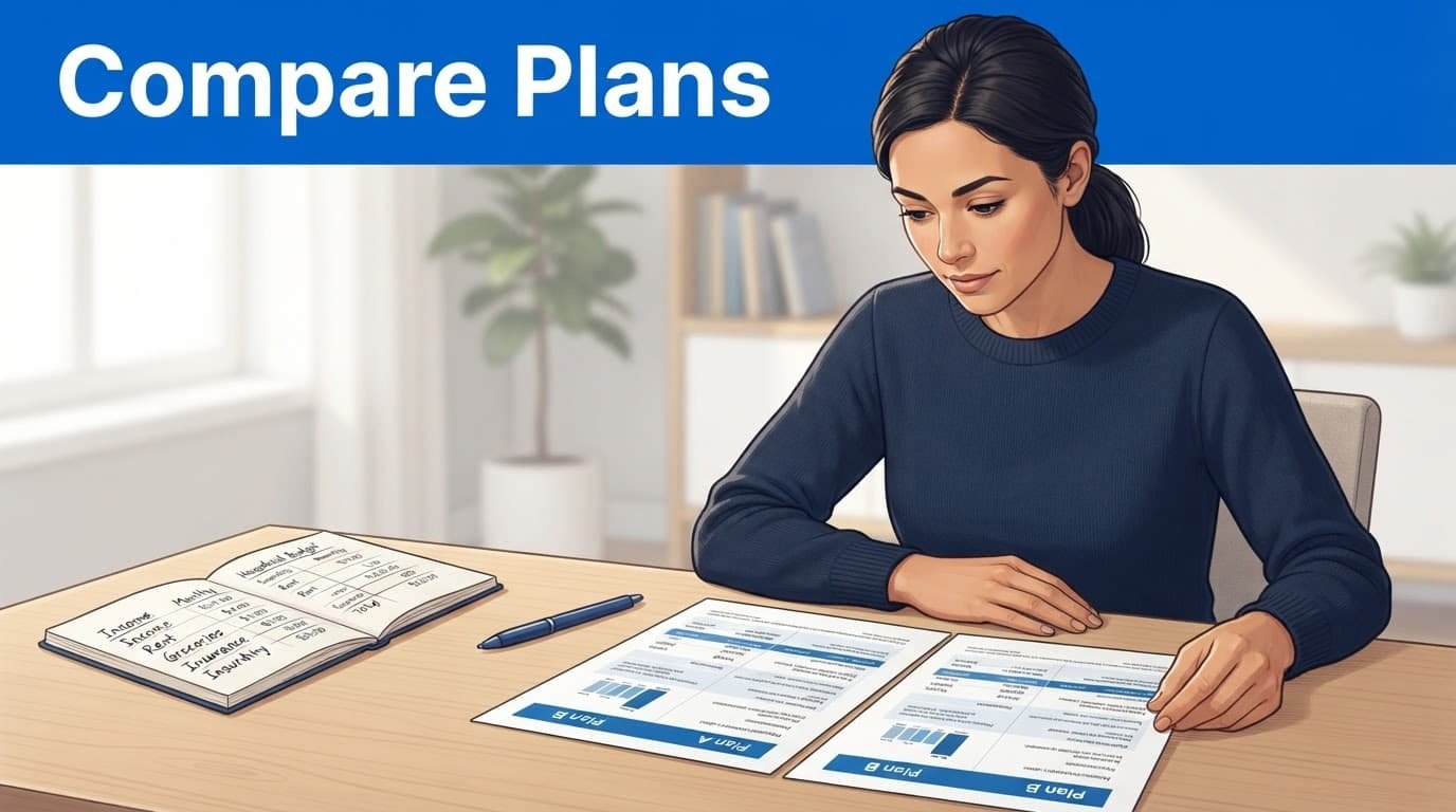 Adult comparing two insurance plans beside a budget notebook at a desk.