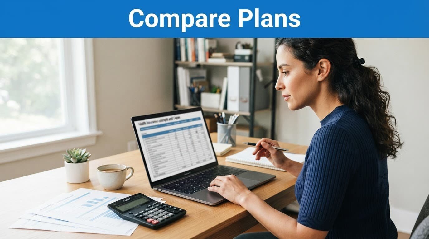 A self-employed adult compares health plans on a laptop with papers and a calculator nearby.