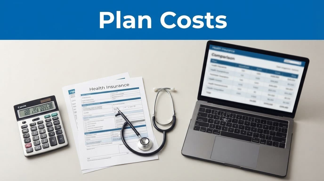 Calculator, insurance papers, stethoscope, and laptop arranged on a light desk.
