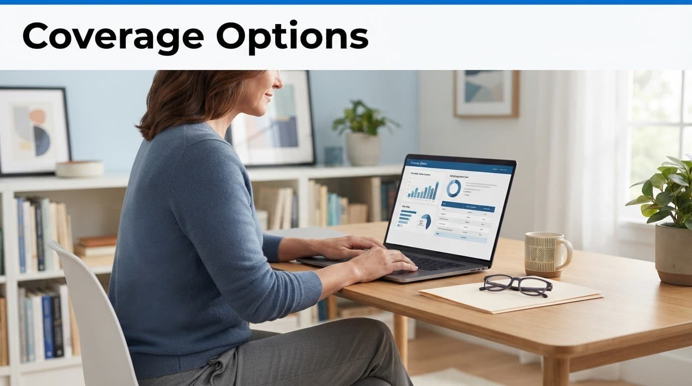 An adult reviews health insurance options on a laptop beside a folder and glasses.