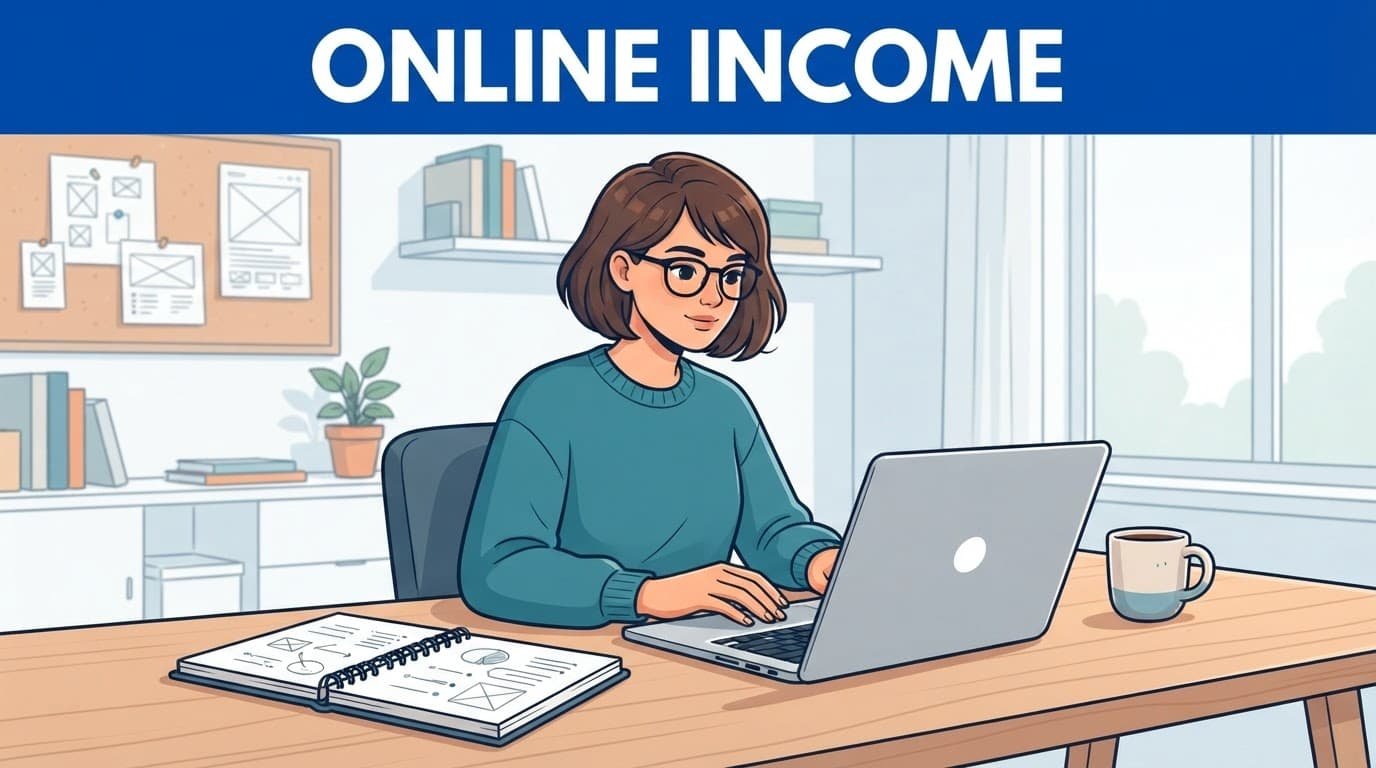 A solo worker at a desk with a laptop, notebook, and coffee under a blue banner.