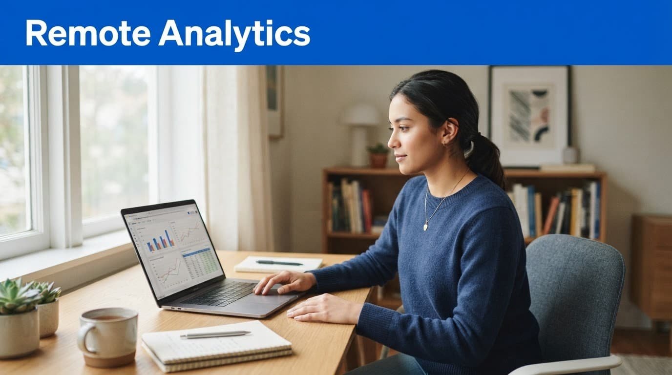 A beginner analyst sits at a home desk with one laptop and relaxed hands.
