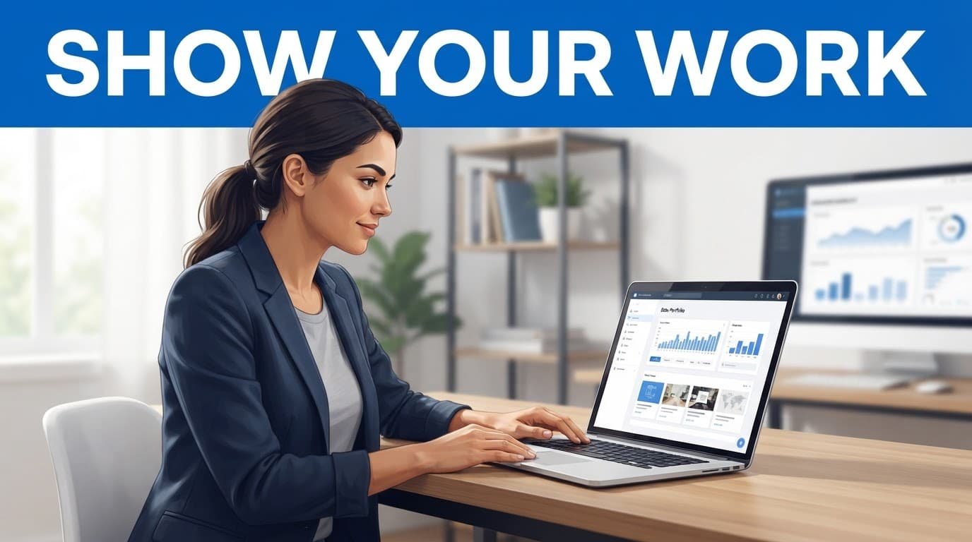 A professional reviews a portfolio on a laptop in a home office.