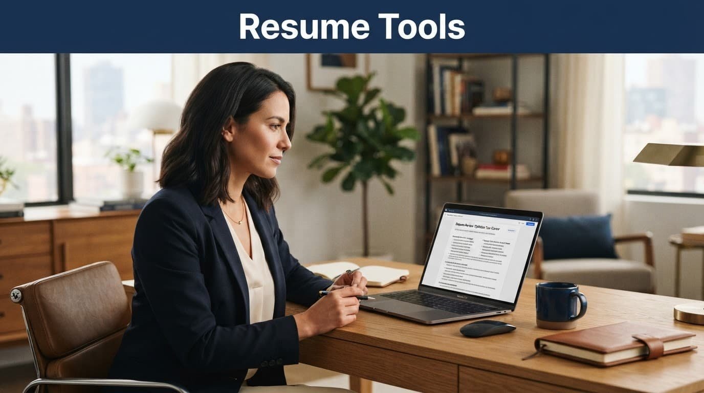 A professional reviews resume bullet points on a monitor at a tidy desk.