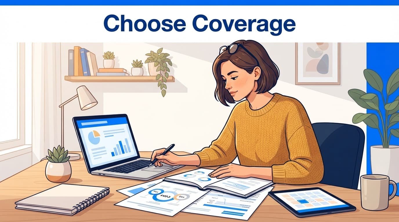 A worker reviews insurance papers beside a laptop at a bright home office desk.