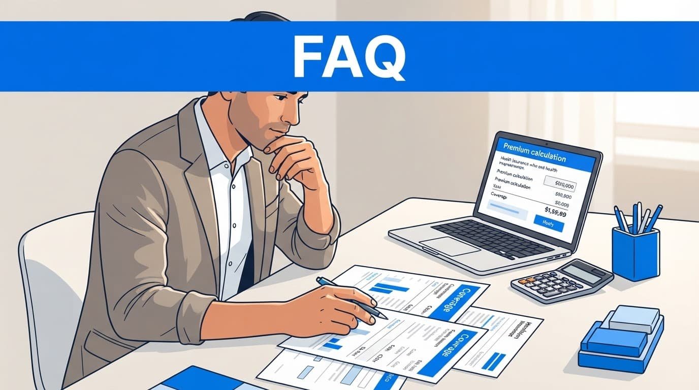 Self-employed adult reviewing insurance papers beside a laptop and calculator at a home office desk.