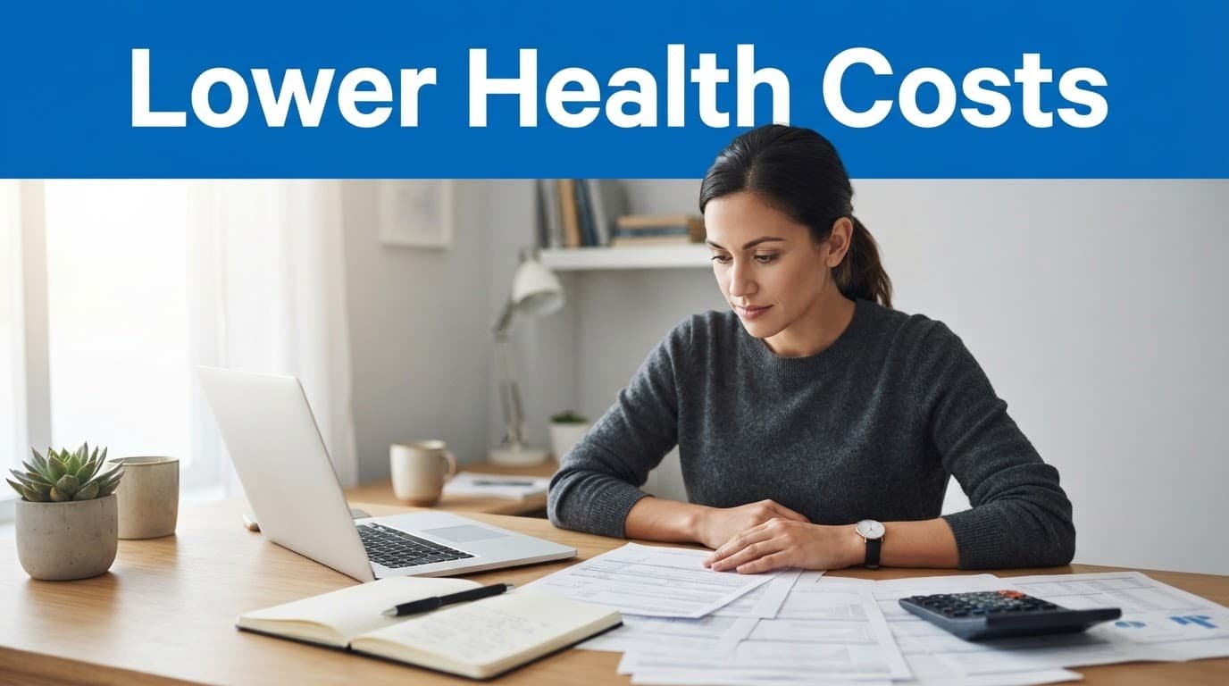 A person reviews insurance papers beside a laptop, calculator, and notebook.
