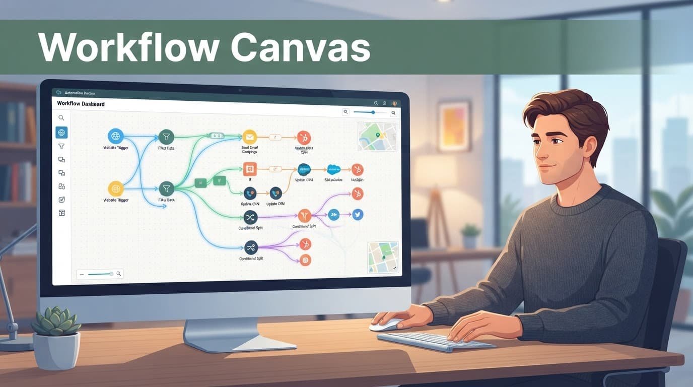 A workflow node canvas appears on a monitor with one person in the background.