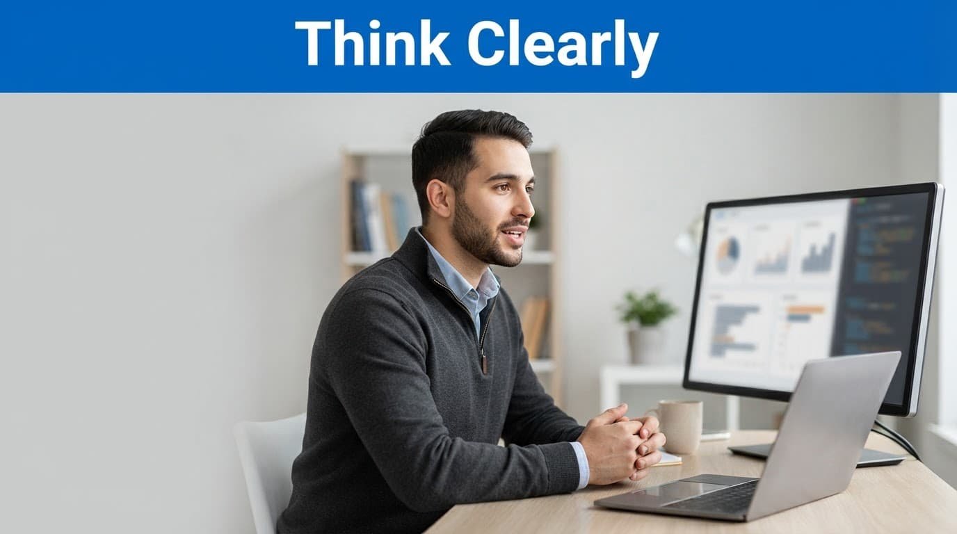 A data analyst explains SQL analysis beside two screens in a quiet home office.