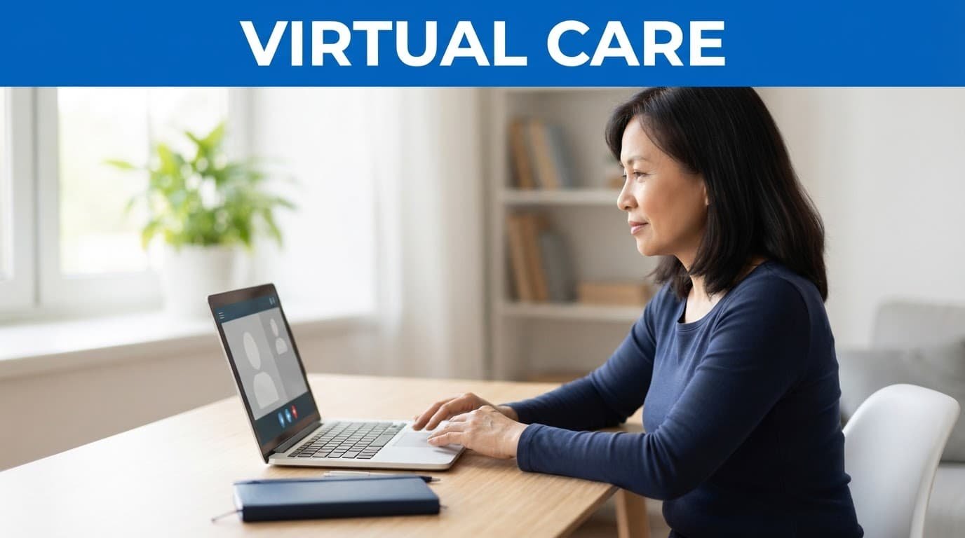 Patient having a telehealth visit on a laptop at home with a plant and medical notebook.