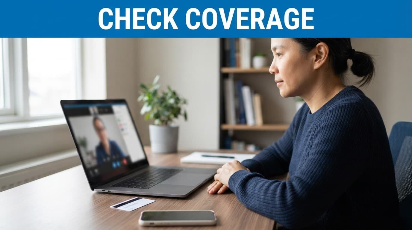 Adult preparing for a healthcare appointment with a laptop, phone, and insurance card.
