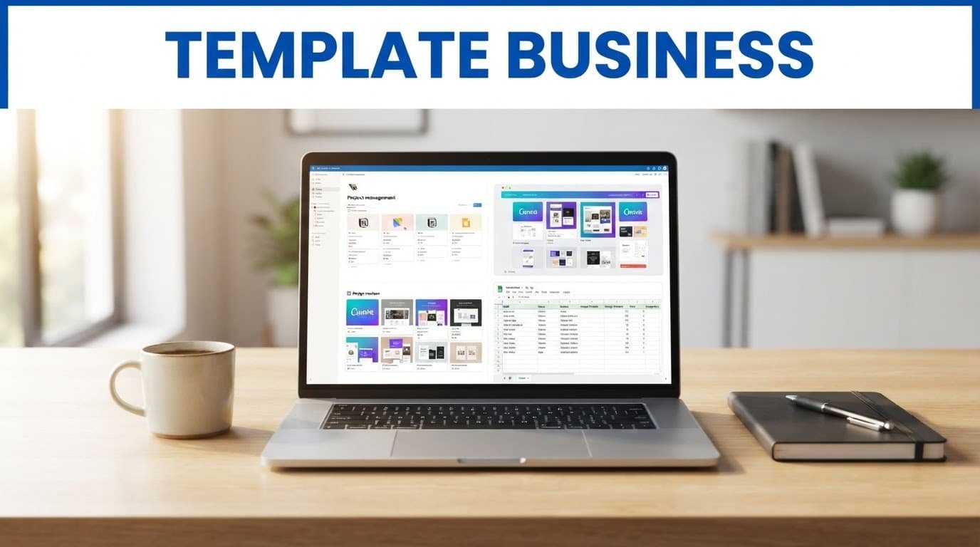 Laptop showing digital templates beside a notebook and coffee on a bright desk.