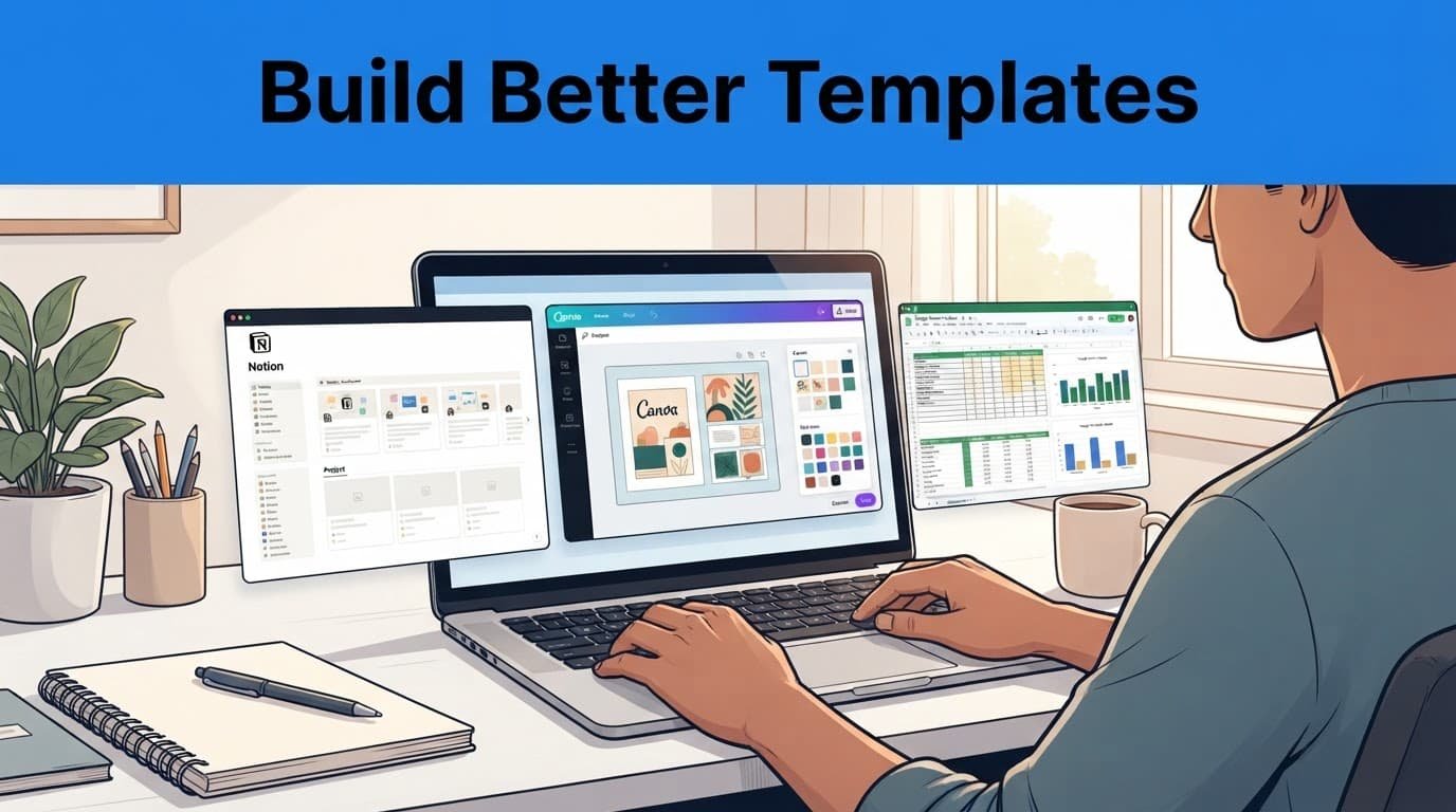 A creator reviews three template panels on a laptop at a bright desk.