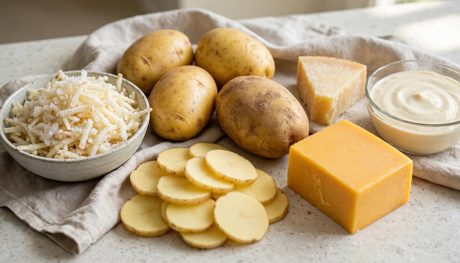 A bowl of shredded potatoes, whole potatoes, sliced potatoes, cheese blocks, and cream sauce on a counter.