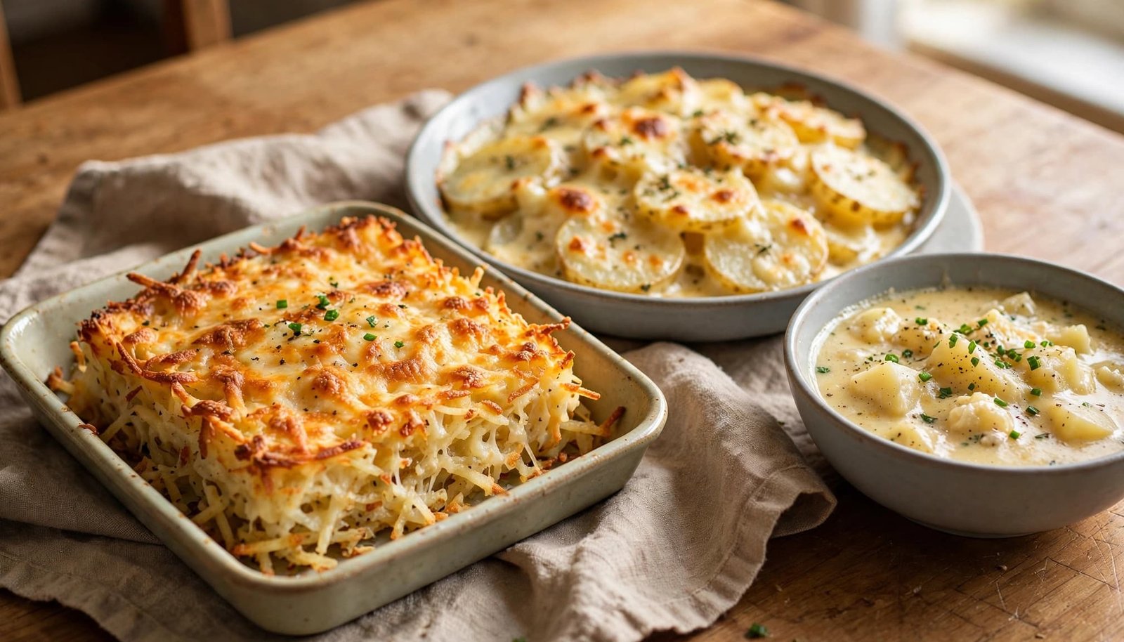 A tasting spread of three cheesy potato dishes on a wooden table.
