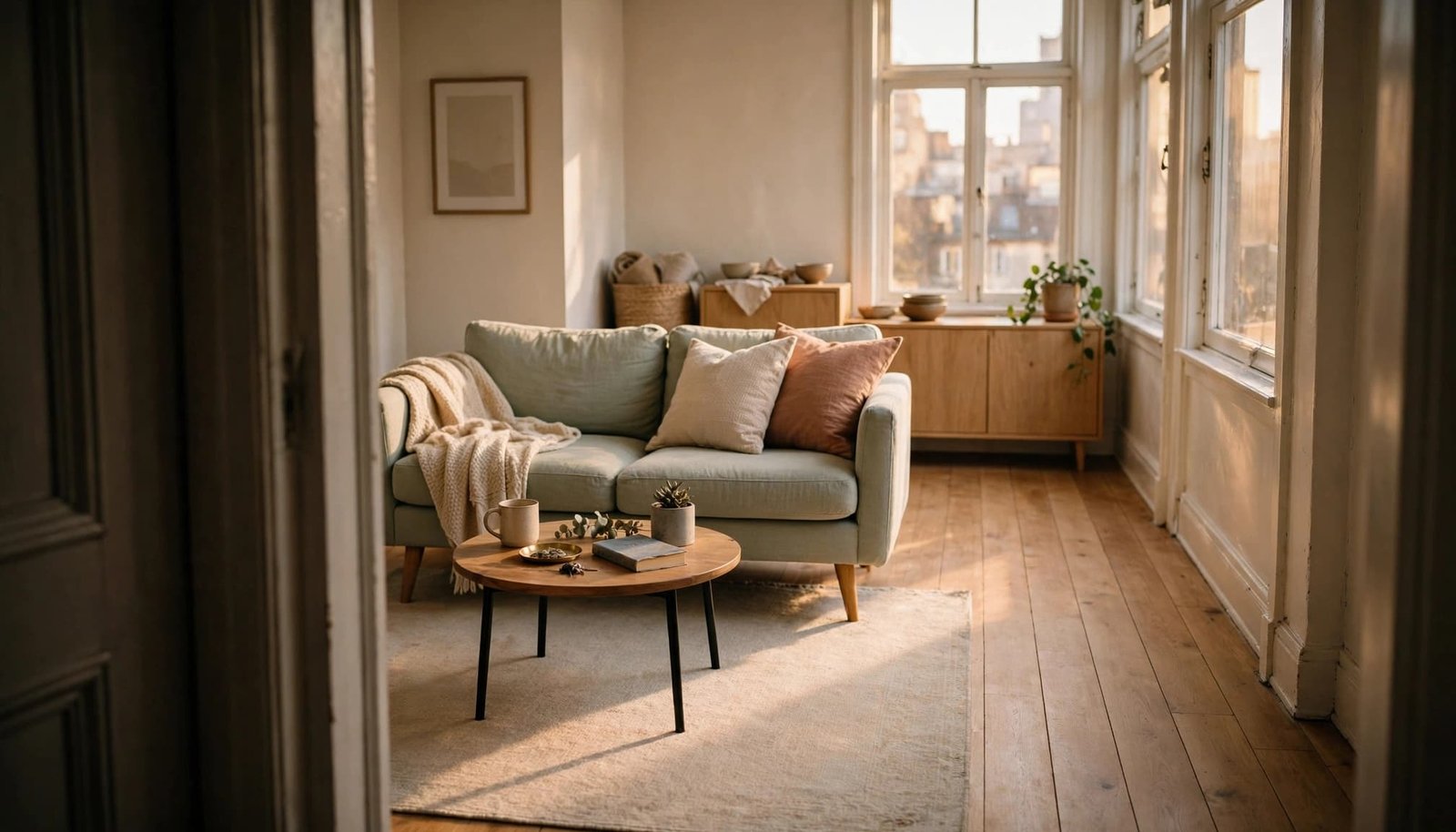 A sofa and round table sit on a pale rug beside a clear walking path.