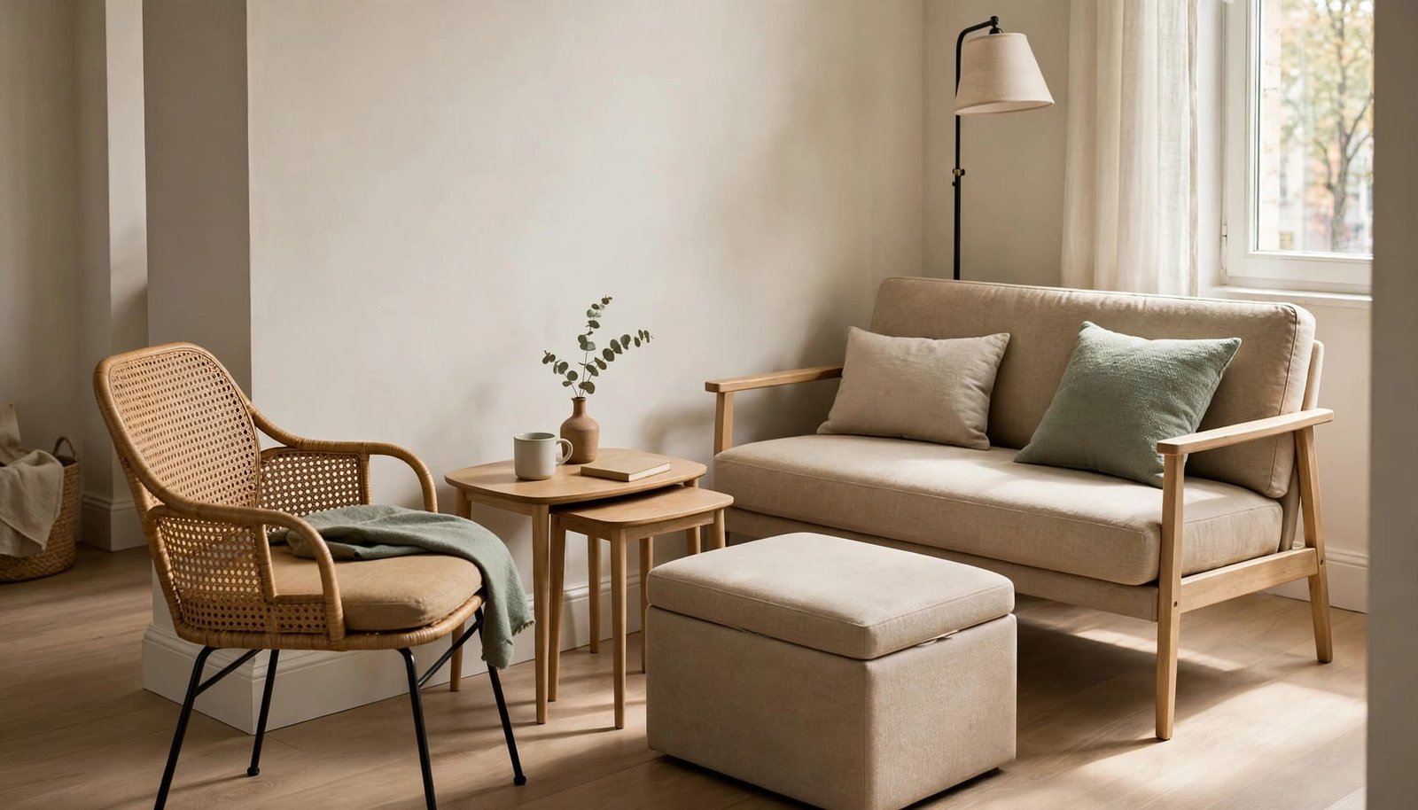A loveseat, angled chair, nesting table, ottoman, and floor lamp in a small living room.
