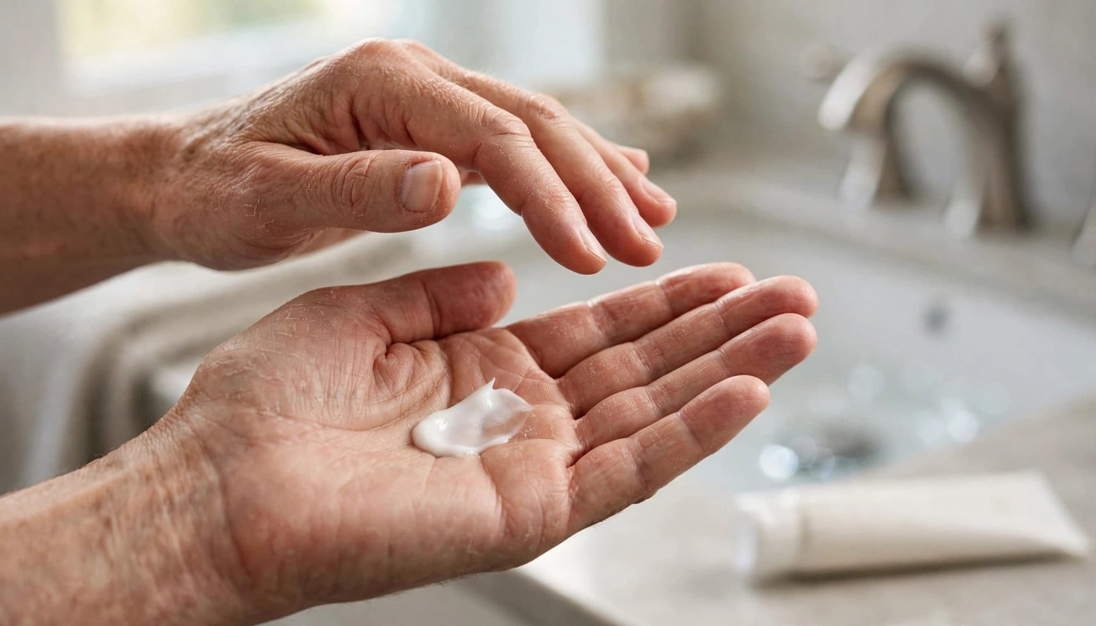 Close-up of two adult hands holding a dollop of white moisturizer in a bathroom.
