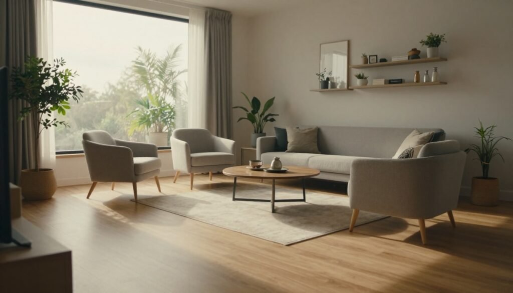 A slim sofa and two armchairs sit around a coffee table in a bright, compact living room.