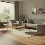 A slim sofa and two armchairs sit around a coffee table in a bright, compact living room.