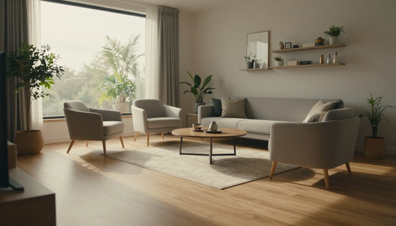 A slim sofa and two armchairs sit around a coffee table in a bright, compact living room.