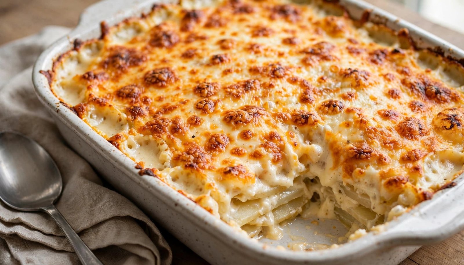 A freshly baked cheesy potato casserole in a ceramic dish with a serving spoon on a linen cloth.