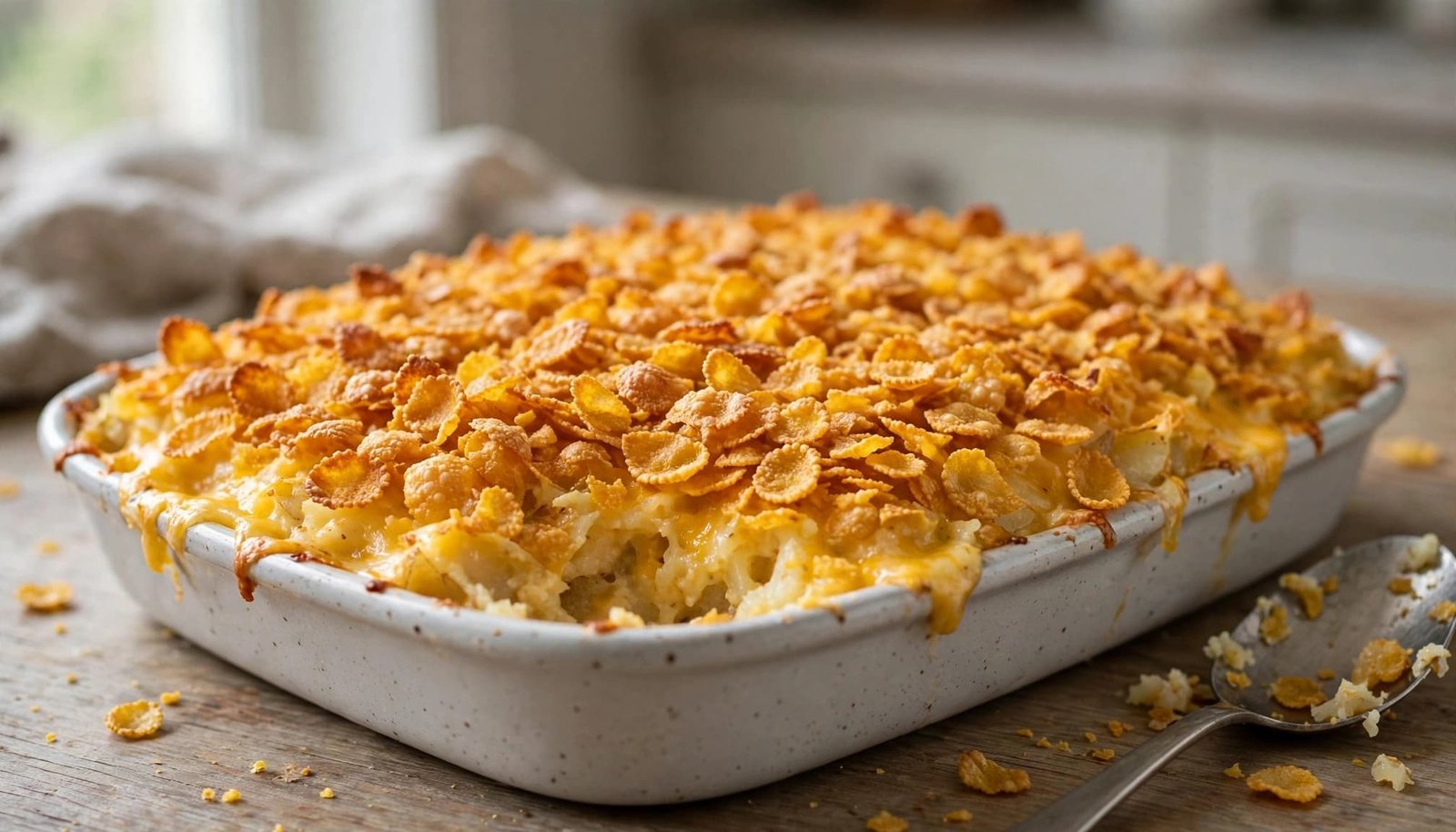 A freshly baked hash brown casserole with a golden cornflake topping in a baking dish.