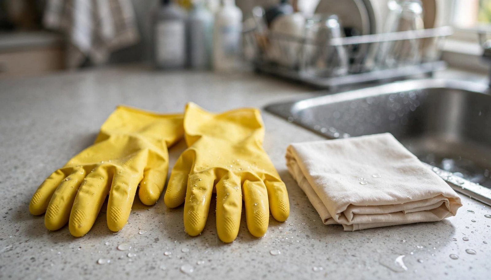 Yellow rubber cleaning gloves and a folded cloth on a kitchen counter.