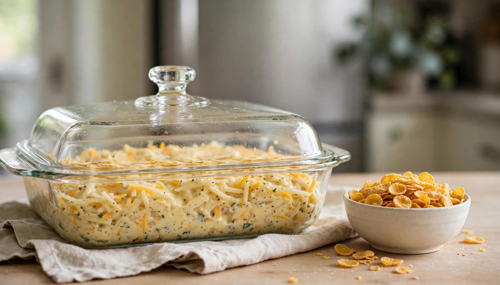 A covered glass baking dish filled with cheesy hash browns beside a small bowl of cornflakes.